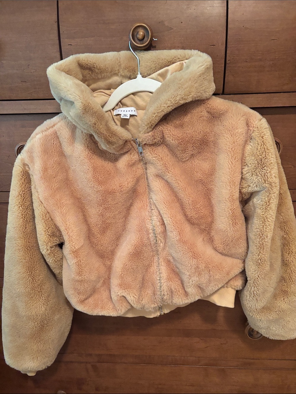 Topshop Plush Hooded Teddy Jacket in Tan